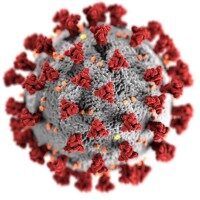 3D-Illustration des Coronavirus SARS-CoV-2 mit roten Spike-Proteinen
